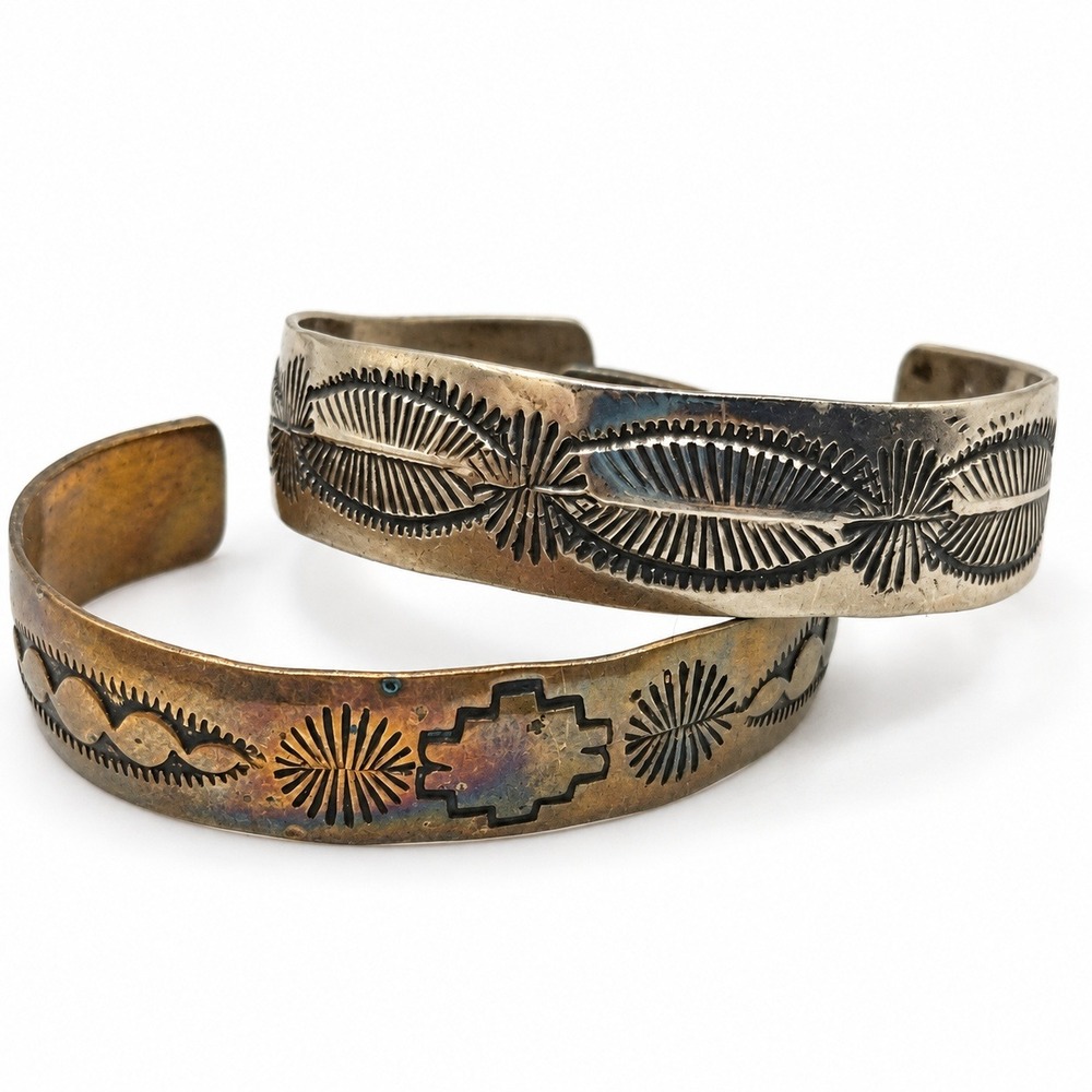 Vintage Stamped Cuff Bracelet Set Native American Style Southwestern Silver Tone